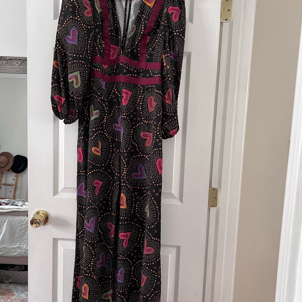 Farm to rio Anthropologie jumpsuit v neck summer tropical hearts black xs